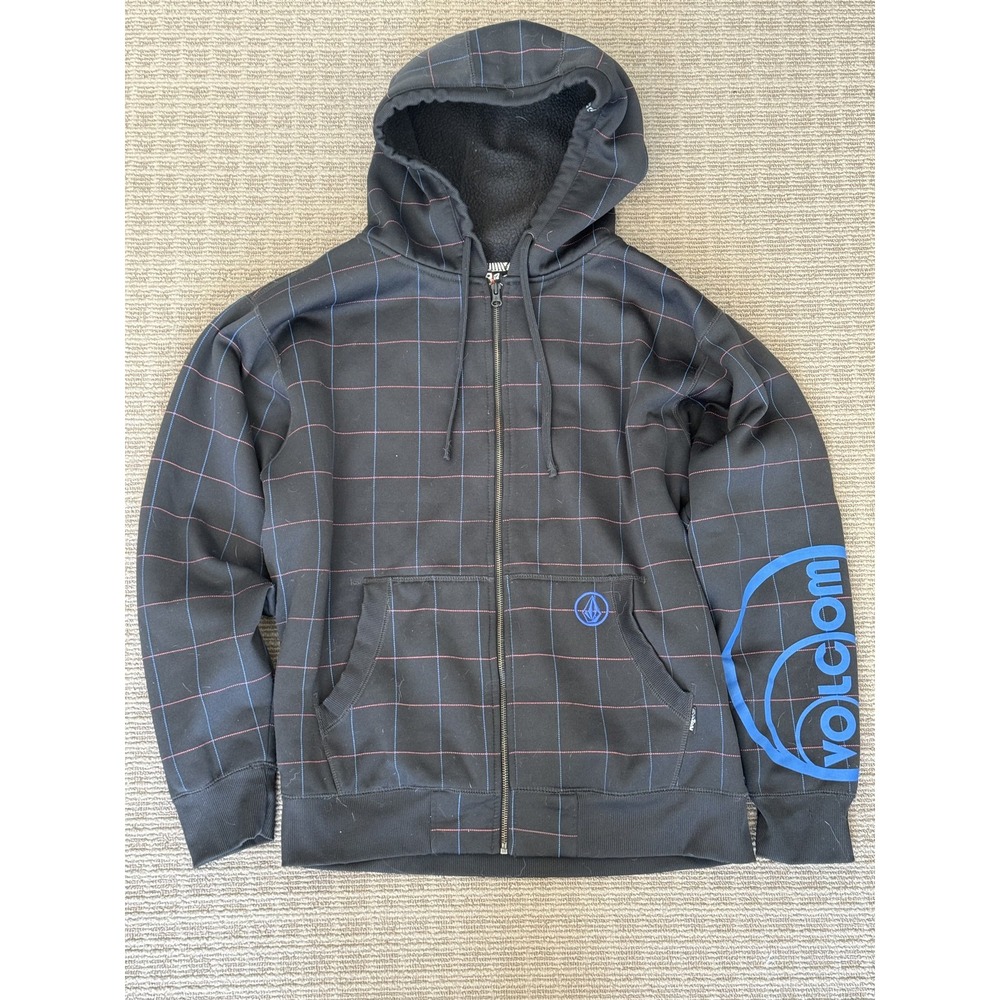 Y2K Volcom Hoodie Mens L Black Plaid Full Zip Sherpa Fleece Graphic Logo Sleeve
